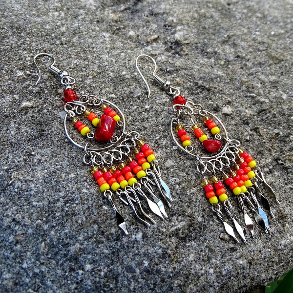 Tribal Round Silver Hoop Beaded Chip Stone Seed Bead Dangle Fashion Earrings - Native Ethnic Southwest Beadwork Multicolored Handmade Gifts