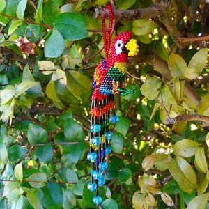 Rainbow Parrot Seed Bead Ornament - Handmade Bird Figurine Fringe Dangle Hanging Decoration Home Car Decor Tropical Animal Gifts for Women