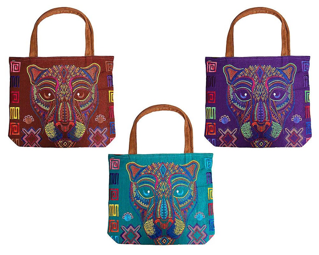 Large Jaguar Embroidered Tote Bag Floral Tribal Pattern Purse Hippie
