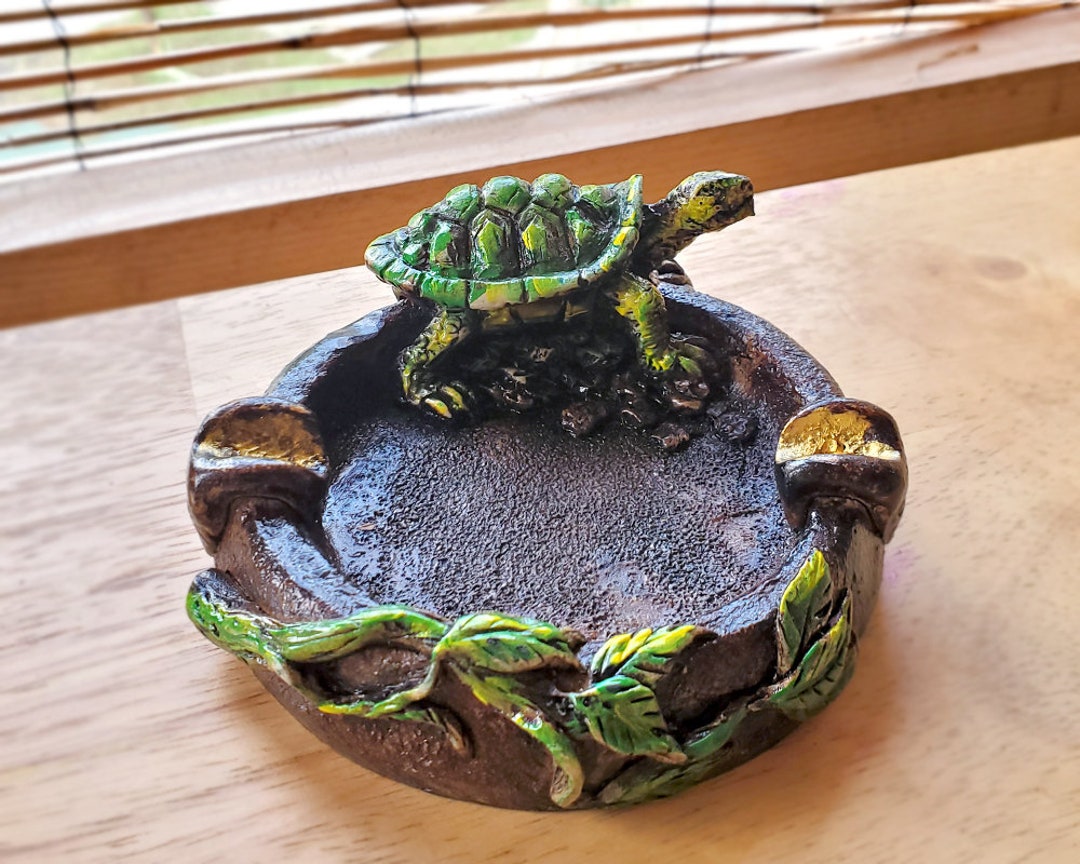 Turtle Ash Tray - Round Cigarette Burner Incense Stick Holder Handmade Cute Animal Pet Home Decor Smoker Gifts Feng Shui Nature Boho Zen Art