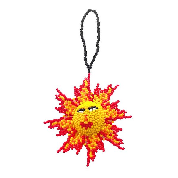 Yellow Sun Seed Bead Ornament - Handmade Happy Solar Figurine Dangle Hanging Decoration Home Car Decor Celestial Sky Boho Art Gift for Women