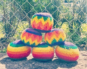 Rainbow Geometric Pattern Crochet Hacky Ball Foot Bag Kick Sack - Handmade Gifts Tribal Ethnic Pride Toys Artisan Chakra Multicolored Design