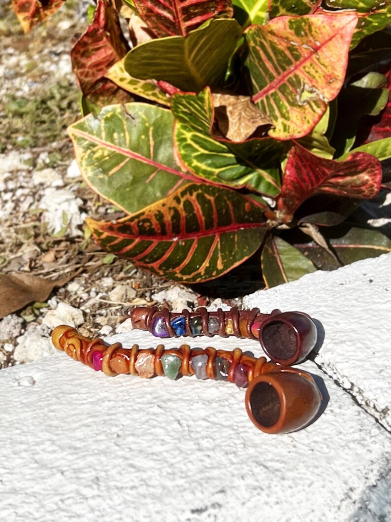 Chakra Stones Tobacco Smoking Hand Pipe - Handmade Spiritual Rainbow Art Natural Bowl Healing Crystals Tumbled Gemstones Hippie Smoker Gifts