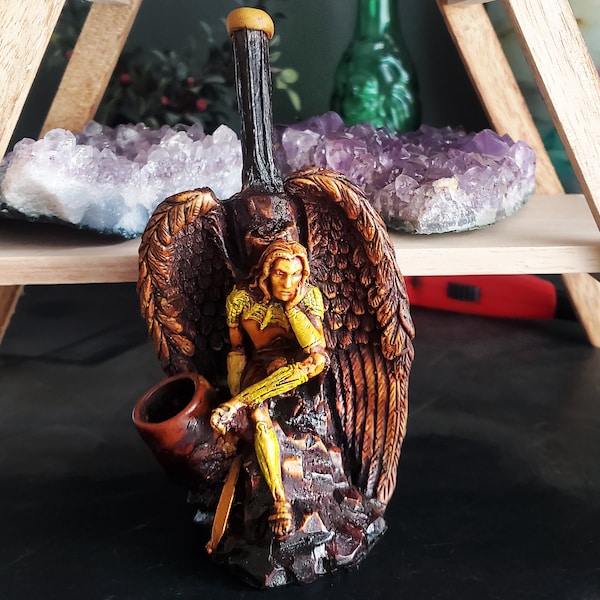 Lucifer Tobacco Smoking Pipe - Handmade Fallen Angel Religious Art Natural Coconut Bowl Spiritual Gifts for Smokers Biblical Deity Figurine