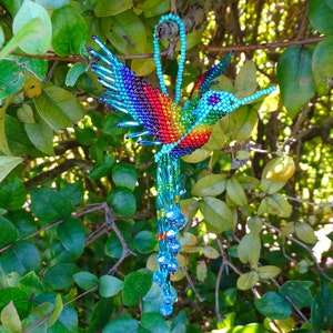 Matte Rainbow Hummingbird Seed Bead Ornament - Handmade Bird Figurine Fringe Dangle Hanging Decoration Home Office Car Decor Gifts for Women