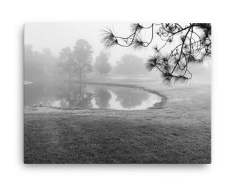 In The Early Morning - golf course pond on a foggy morning canvas print giclee