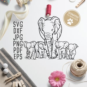 Puede incluir: Ilustración en blanco y negro de una madre elefante con cuatro elefantes bebés. La imagen incluye el texto "DONATES TO RESCUES" con un icono de huella de pata.