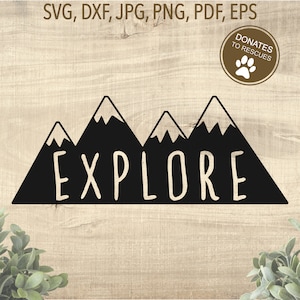 May include: Black and white silhouette of mountains with the word "EXPLORE" written in front of them. The mountains have snow-capped peaks.