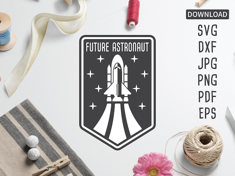 May include: Black and white graphic design of a rocket ship with stars, inside a shield shape with the text "FUTURE ASTRONAUT".