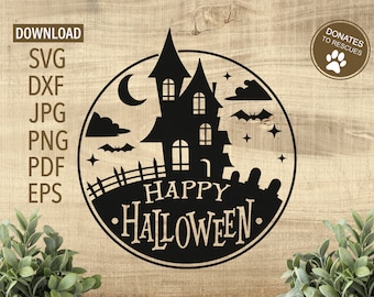 May include: Black and white silhouette of a haunted house with a crescent moon, bats, and stars in a circle with the text "Happy Halloween".