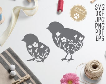 Floral Baby Chickens Silhouette SVG | baby chick svg | Floral chicken SVG | chick cut file | paper cut file | baby chick clipart | floral