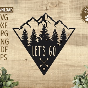 May include: Black and white silhouette of a mountain range with trees in front of it. The mountains are inside a triangle with a star and crossed arrows at the bottom. The text "Let's Go" is written in a bold font below the mountains.