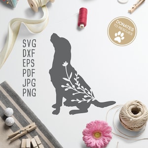 Blommig hundsilhuett SVG | Perfekt för pappersklipp, htv + mer | Hundclipart | hundsvg | hundälskare | blommig svg | bladverk | bladverkhund bild 1