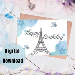 Blaue Paris Eiffelturm Geburtstagskarte druckbare - Paris Geburtstag Mädchen digitale Download Karte - Paris Eiffelturm druckbare Karte für Mädchen