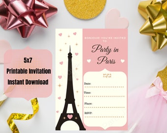 Paris Eiffel Tower Birthday Invitation- Printable Birthday Invite-Digital Paris Birthday- Paris Theme Digital Invite- + FREE Birthday Card