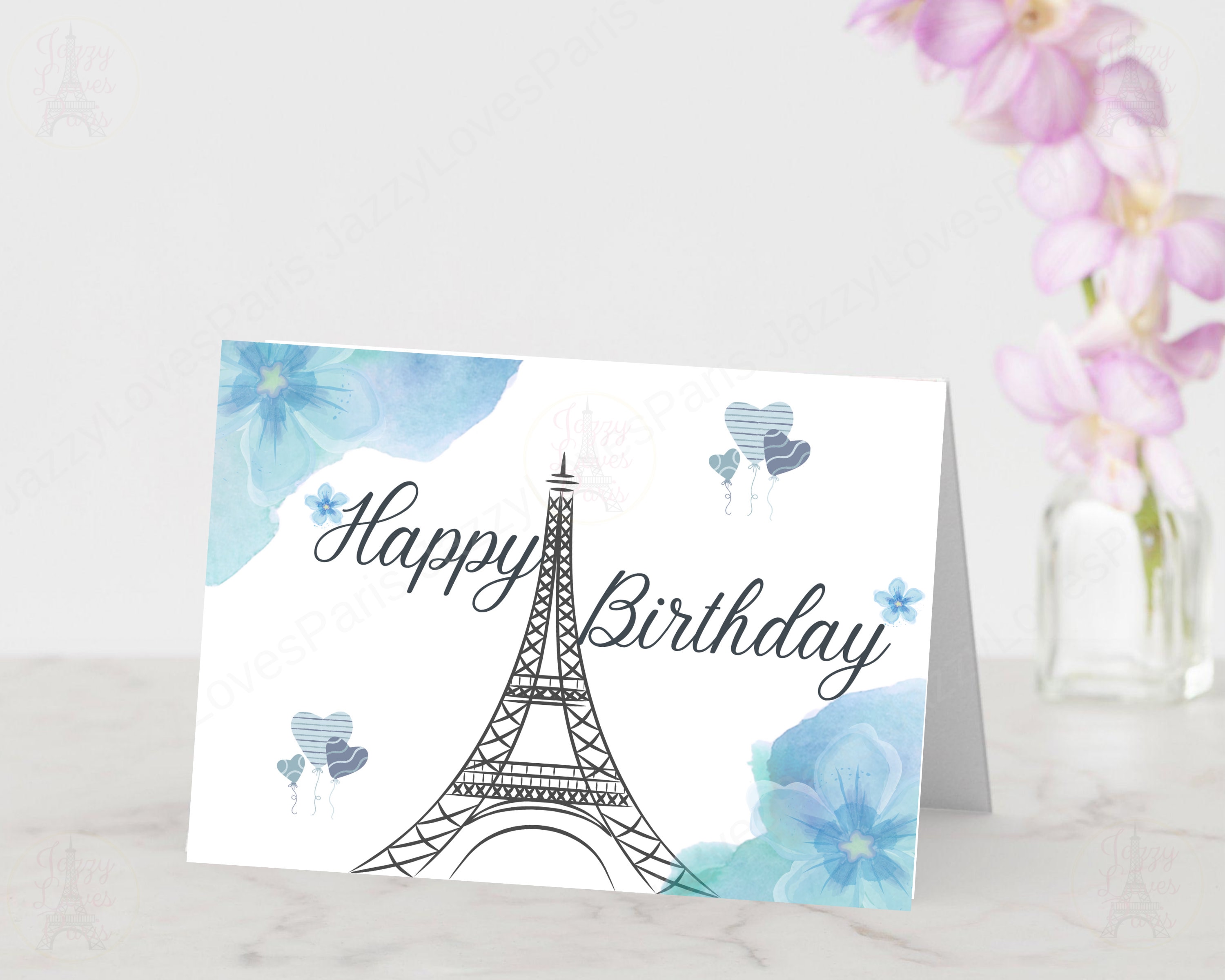 Blue Paris Eiffel Tower Birthday Card Printable- Paris Birthday Girl ...