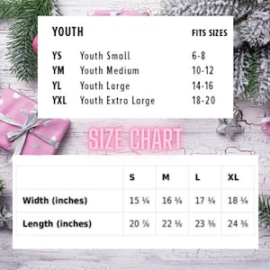 K&ouml;nnte beinhalten: Gr&ouml;&szlig;entabelle f&uuml;r Kinder- und Erwachsenenkleidung mit Ma&szlig;en in Zoll. Die Tabelle zeigt die Breite und L&auml;nge jeder Gr&ouml;&szlig;e, von Kindergr&ouml;&szlig;e XS bis XL.