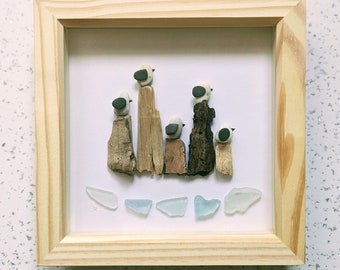 Cornish Seagulls on Driftwood pebble art picture