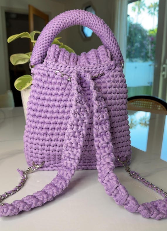 Handcrafted Lilac and Gray Crochet Backpack or Handbag Handcrafted - crocheted handbag - Gem main image 3