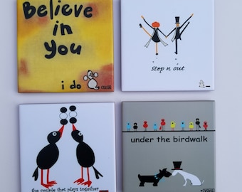 Whimsical Ceramic Tile Coasters for Couples: Unique Drink Coaster Set