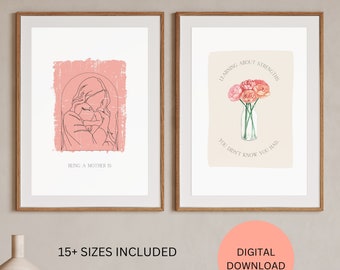 Mother and Child Digital Wall Art, Empowering Motherhood as Strength Instant Download, Boho Style Hygge Prints, Watercolor Floral Accents