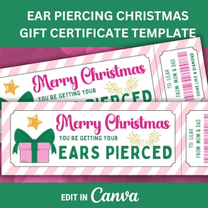 Ear Piercing Christmas Gift Voucher for Ear Piercing Surprise Template for Ear Piercing Coupon for Ear Piercing Printable Certificate