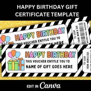 Birthday Gift Certificate for Kids Surprise Birthday Gift Printable Voucher for Kids Birthday Gift Ticket Editable Happy Birthday Cert