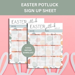 May include: Printable Easter potluck sign up sheet with a pastel floral design. The sheet is divided into categories for appetizers, sides, main dish, desserts, cutlery, and beverages. The text "8.5x11 Instant Download" is included.