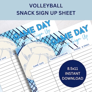 Peut inclure: Feuille d'inscription pour les collations de la journée de match de volleyball imprimable avec un graphique de volleyball bleu et blanc. La feuille comprend des sections pour la date du match, le parent/tuteur, le téléphone et l'e-mail.