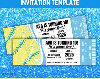 Editable Softball Birthday Party Invitation Ticket Template for Party Invitation Softball Themed Party Softball Ticket Birthday Invitation