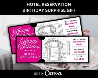 Hotel Reservation Gift Certificate for Birthday Surprise Ticket for Hotel Stay Voucher for Birthday Hotel Party Hotel Reservation Cert