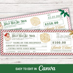 May include: Two rectangular novelty checks from The Bank of Jolly Old St. Nick featuring a Santa Claus illustration, a gold Approved stamp, and the date 12.25.2026. The checks have red and white striped borders and are accented with green and gold bows.