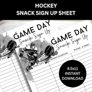 May include: Printable hockey snack sign up sheet with a black and white illustration of a hockey player. The sign up sheet has spaces for game date, parent/guardian, phone and email.