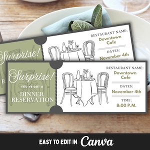 May include: Two olive green and white dinner reservation tickets with the word "Surprise!" and a dinner table illustration. The tickets are on a white plate with a fork and a napkin with sage leaves. The tickets are for Downtown Cafe on November 4th.