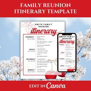 Puede incluir: Una plantilla de itinerario de reunión familiar imprimible con un fondo de flores de cerezo. La plantilla se titula "Smith Family Reunion Itinerary" e incluye un horario del jueves 22 de mayo de 2025 al domingo 25 de mayo de 2025. El texto "Edit in Canva" está en la parte inferior de la plantilla.