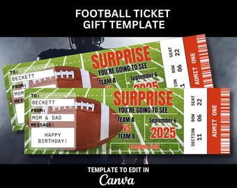 Plantilla de boleto de regalo para partido de fútbol para regalo sorpresa, boleto de fútbol personalizable, recuerdo de boleto de fútbol, talón de boleto de recuerdo de partido de fútbol