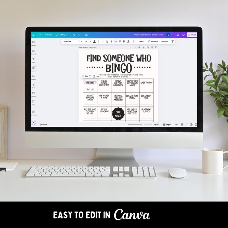 May include: A computer monitor displays a "Find Someone Who Bingo" game template. The bingo card has various prompts, such as "Has a pet" and "Likes to read books." The text "Easy to edit in Canva" is at the bottom of the screen.