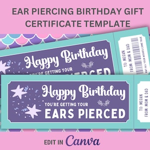 Ear Piercing Birthday Gift Voucher for Ear Piercing Surprise Template for Ear Piercing Coupon for Ear Piercing Printable Certificate