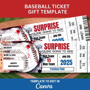 Bearbeitbare Baseball Spielkarte Vorlage für Geschenkkarte für Baseball Spielkarte Druckbares Ticket Stub Überraschungsgeschenkgutschein für die Veranstaltung