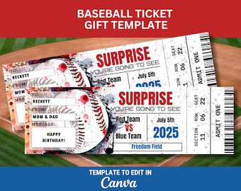 Editable Baseball Game Ticket Template for Gift Ticket to Baseball Game Ticket Printable Ticket Stub Surprise Gift Certificate for Event