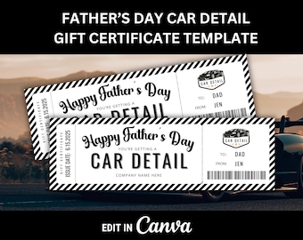Op de afbeelding: Twee zwart-witte cadeaubon sjablonen voor autodetailing voor Vaderdag. De certificaten luiden: "Fijne Vaderdag, je krijgt een autodetailing." De certificaten bevatten een autologo en de tekst "Aan: Papa, Van: Jen."