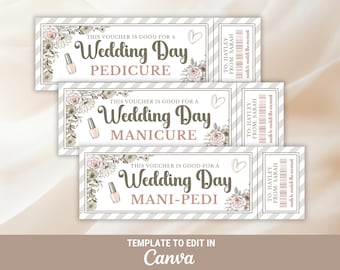 Cupón editable para manicura y pedicura para damas de honor, cupón para manicura y pedicura para la futura novia, regalo para la fiesta nupcial.