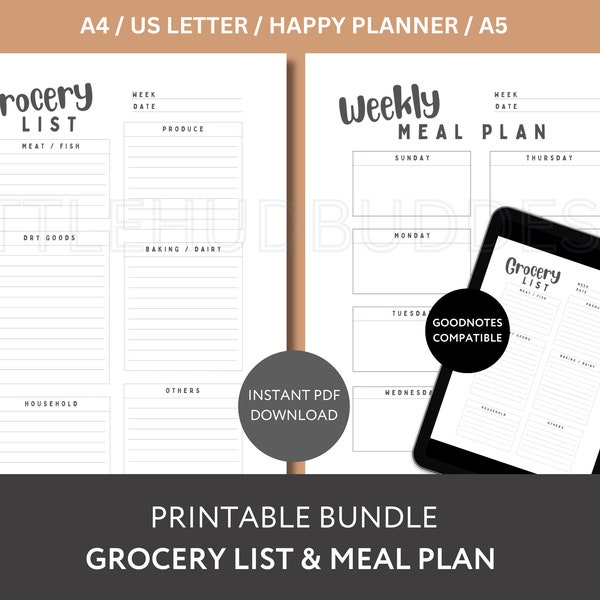 Printable Bundle, Grocery List Printable PDF, Weekly Meal Plan Template, Track Nutrition Intake, Meal Prep Shopping List Printable