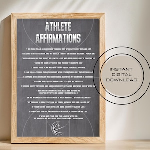 Puede incluir: Una descarga digital imprimible de un póster motivacional para atletas. El póster presenta un fondo gris con texto blanco y un gráfico de baloncesto. El texto incluye afirmaciones para atletas, como "Soy más que un vencedor por medio de Aquel que me ama." y "Confío en que Dios guíe mi camino y sus bendiciones en mi vida."