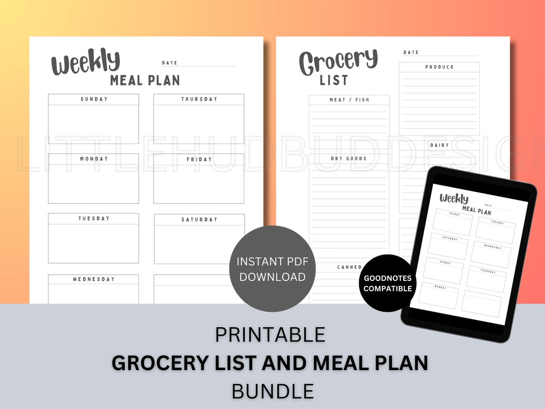 Grocery List and Weekly Meal Planner Printable Template for Weekly Menu ...