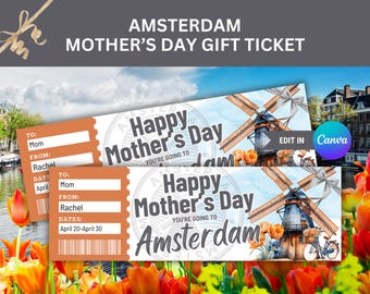 Billete de viaje sorpresa a Ámsterdam Regalo del Día de la Madre a los Países Bajos Billete de vacaciones a Ámsterdam Tarjeta de embarque Billete de avión a Holanda Viaje