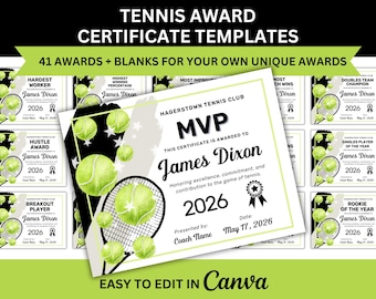 TENNIS AWARD Certificates for Tennis Banquet Awards for Tennis Player Recognition for End of Season Certificates Athlete Awards