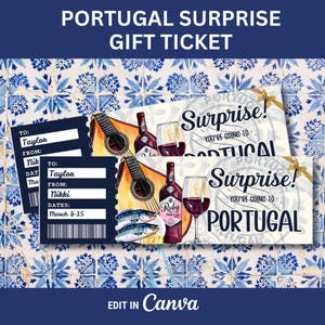 Editable Portugal Ticket for Surprise Gift to Portugal Boarding Pass Gift Certificate Travel Surprise Gift Vacation Certificate to Portugal