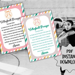May include: Two cards with a volleyball prayer are displayed. The cards have a pink and white scalloped border with a volleyball graphic. The text "Volleyball Prayer" is at the top. A volleyball player is in the background.
