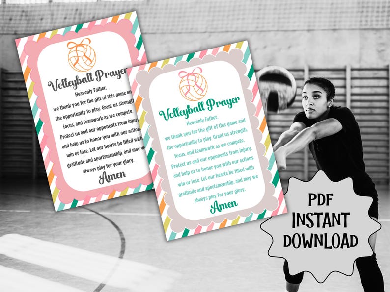 May include: Two cards with a volleyball prayer are displayed. The cards have a pink and white scalloped border with a volleyball graphic. The text "Volleyball Prayer" is at the top. A volleyball player is in the background.